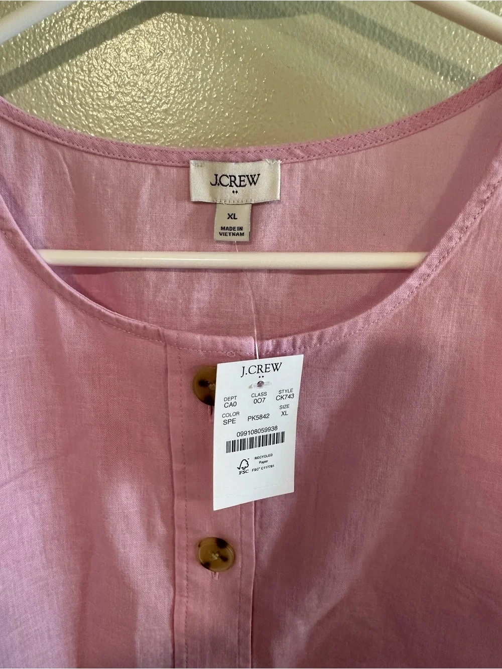 J.Crew Pink Linen Blend Sleeveless Button-Front Top